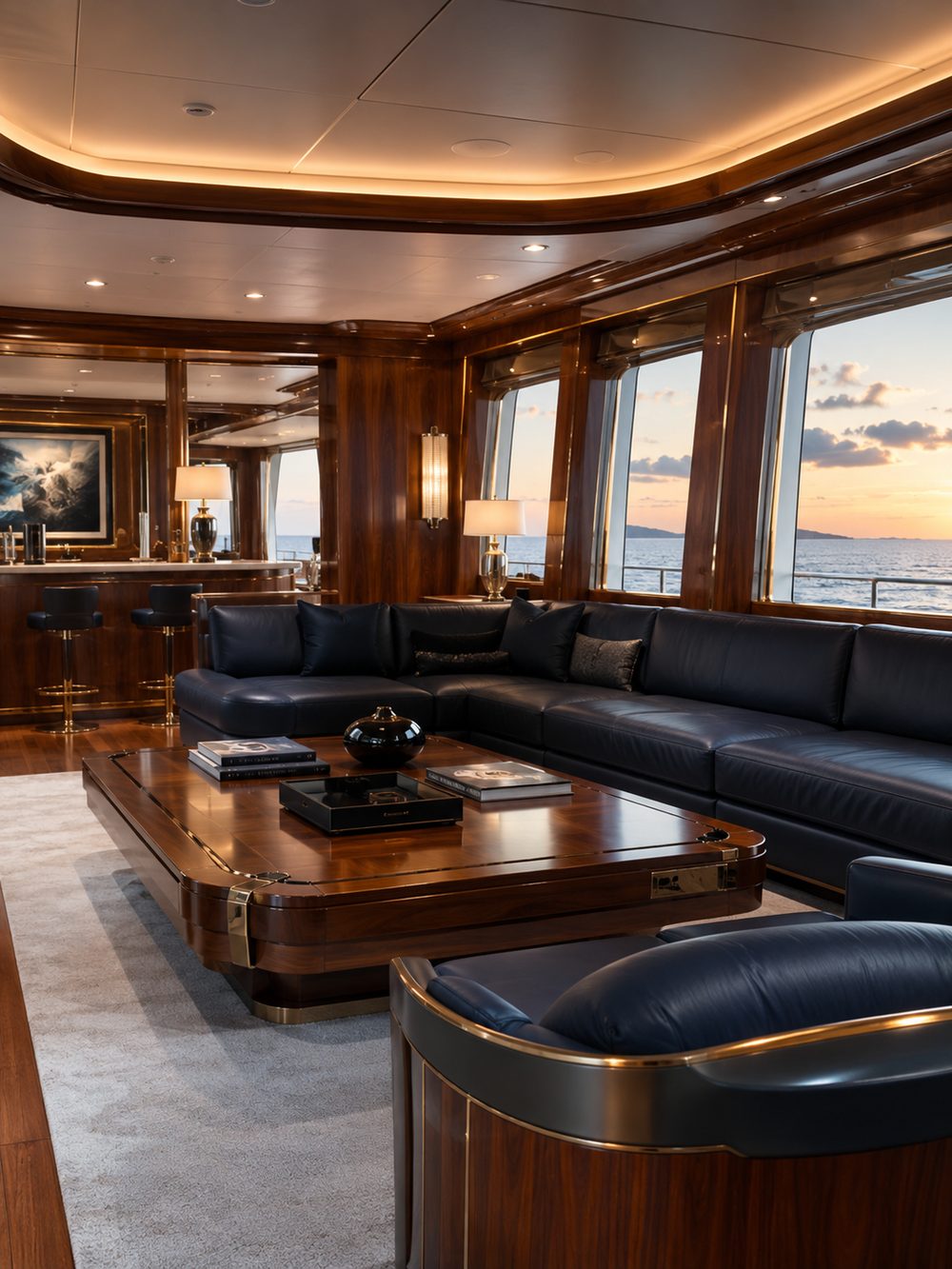 Luxury yacht interior lounge furnished with materials supplied by Harisan Rod Group
